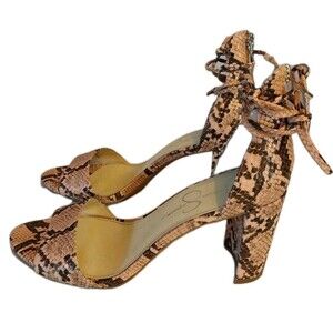 Jessica Simpson Sandals 9.5M Pink Black Snakeskin Lace Up Block Heel Open Toe